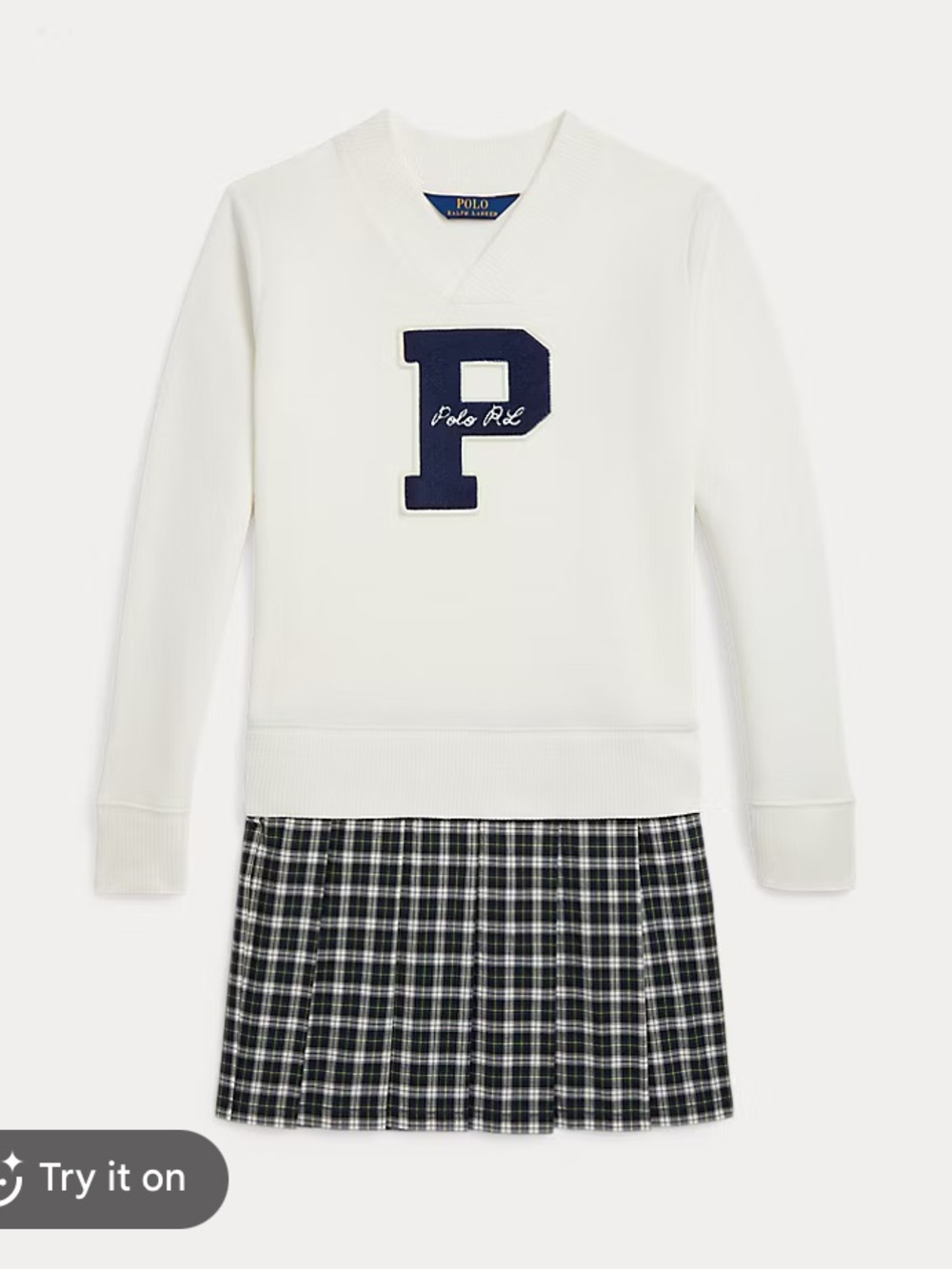 Polo by Ralph Lauren White Sweater Top with Navy 'P' and Black-White Plaid Skirt